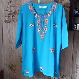 Bright Teal Floral Embroidered Fully Lined Chiffon Tunic Size XL